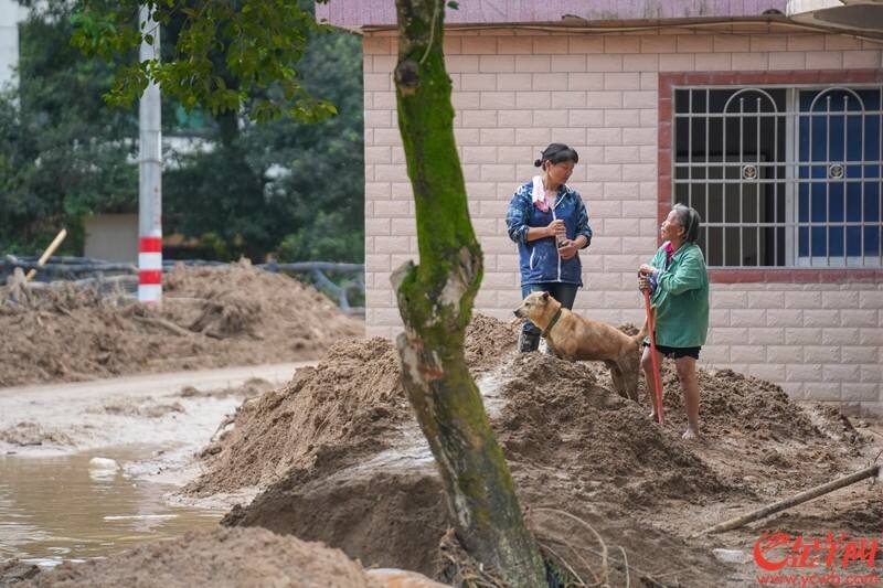22日，洪水过后，江湾镇居民们走出户外查看情况，相互交流，道路上的淤泥被清理至路旁